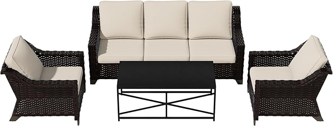 Vista Vibe 4 Pieces Outdoor Patio Conversation Furniture Set - 78" 3-seat Sofa | 2 Chairs | Metal Coffee Table, Deep Seat Loveseat, Removable Cushions, PE Rattan Couch, Lawn (Brown/Beige)