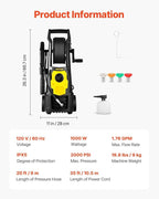VEVOR Electric Pressure Washer, 2000 PSI, Max. 1.76 GPM Power Washer w/ 30 ft Hose, 5 Quick Connect Nozzles, Foam Cannon, Portable to Clean Patios, Cars, Fences, Driveways, ETL Listed