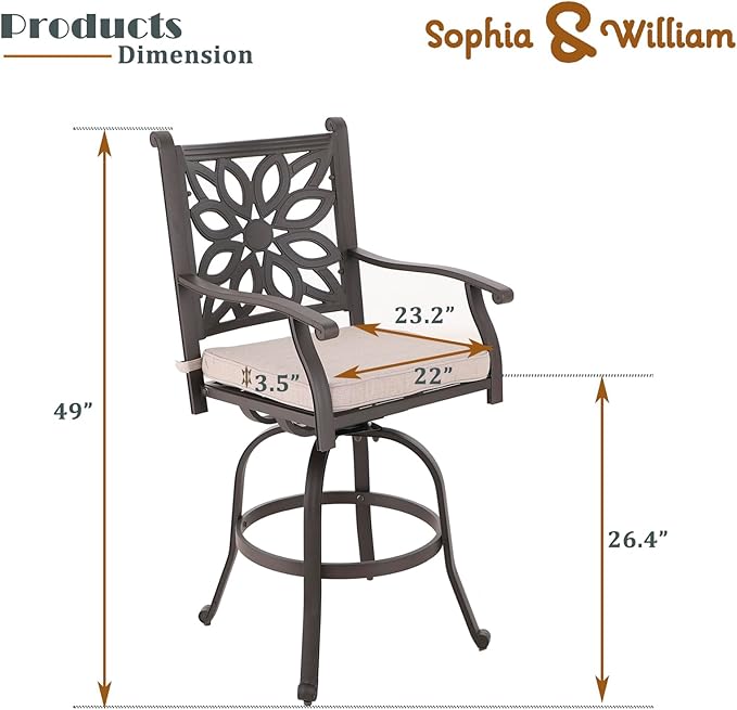 Sophia & William Cast Aluminum Patio Bar Chairs Set of 2, Bar Height Swivel Outdoor Bar Stools Chairs, Counter Height Outdoor Barstools, Brown, Load Capacity: 350 lbs