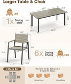 Patio Outdoor Dining Set for 6, Aluminum 7 Piece HDPE Patio Table and Chairs Set with Umbrella Hole, Modren Rectangular Patio Furniture Set with All-Weather Table and 6 Chairs (Classic Gray)