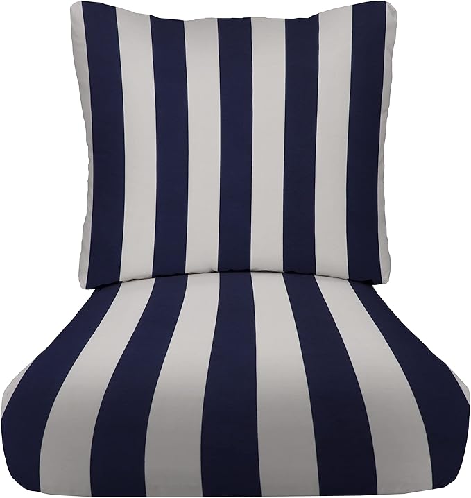 RSH DECOR: Deep Seating Cushion with Pillow Back, 24”x27” Seat, All-Weather Spun Fabric, Water & Fade-Resistant, Outdoor Chair Cushion Set for Patio Furniture, Navy Blue & White Stripe - Made in USA