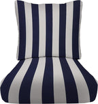 RSH DECOR: Deep Seating Cushion with Pillow Back | 23” x 26” Seat | All-Weather Spun Fabric | Water and Fade-Resistant | Outdoor Chair Cushion Set for Patio Furniture | Navy Blue & White Stripe