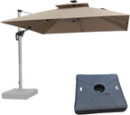 PURPLE LEAF 10 Feet Solar Powered LED Square Cantilever Umbrella With Base Patio Umbrellas Windproof Hanging Umbrella Outdoor Umbrellas Offset Umbrellas, Beige