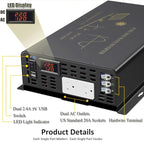 3000Watt Pure Sine Wave Power Inverter 24VDC to 120VAC 6000W Peak Built-in Soft Starter Dual AC Outlets 2× 2.4A USB Port &Hardwire Terminal Off-Grid Solar Converter RV Trucks (U5-300024)