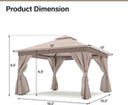LAUSAINT HOME Outdoor Patio Gazebo 12'x12' with Expansion Bolts, Heavy Duty Party Tent & Shelter with Double Roofs, Mosquito Nettings and Privacy Screens for Backyard, Garden, Lawn, Champagne Khaki