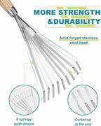 Hand Cultivator with 9-Teeth Rake - 14.4 Inch for Garden Bed Cultivating Soil, Weeding, Raking Leaves, Levelling Gravel - Solid Wood Handle