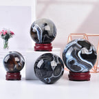 JIC Gem 2.7-3.1 inch(70-80mm) Large Black Onyx Agate Crystal Ball Round Healing Crystals Decorative Sphere with Wooden Stand Meditation Witchcraft Home Decor
