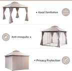 LAUSAINT HOME Outdoor Patio Gazebo 10'x10' with Expansion Bolts, Heavy Duty Party Tent & Shelter with Double Roofs, Mosquito Nettings and Privacy Screens for Backyard, Garden, Lawn, Champagne Khaki