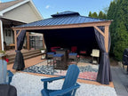 PURPLE LEAF 10' X 14' Outdoor Hardtop Gazebo for Patio Galvanized Steel Double Roof Permanent Canopy Teak Finish Coated Aluminum Frame Pavilion Gazebo with Netting and Navy Blue Curtains
