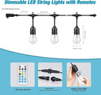Auroraworld 48FT RGB Outdoor String Lights, Dimmable Color Changing Waterproof LED Patio Lights with Remote, 15 Shatterproof Bulbs for Porch Balcony Garden Party Decor