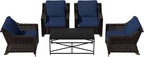Vista Vibe 5 Pieces Outdoor Rattan Patio Conversation Furniture Set - 4 Wicker Chairs | Steel Coffee Table, Premium & Washable Cushions, Living Room, Poolside (Brown/Navy)