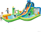 BOUNTECH Inflatable Water Slide, Elephant Surfing Slide Kids Water Park Jump Bouncy Castle w/2 Splash Pools, Hide & Seek Cave, Outdoor Water Slides Inflatables for Big Kids Backyard Party Gifts