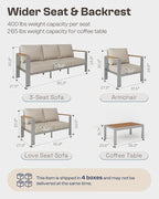 Aluminum Outdoor Patio Furniture Set with Coffee Table, 5 Piece Outdoor Conversation Sets with Washable Thick Cushions, Patio Sectional Furniture Set for Porch, Lawn, Garden, Silver