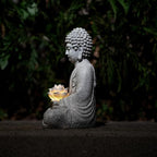 Buddha Lotus Statue with Solar Lights, Resin LED Figurine for Garden Decor – Unique Gift for Women and Friends(Grey Buddha)