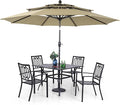 PHI VILLA Patio Dining Set 5 pcs with Umbrella(Beige),1 Square Metal Table& 4 Metal Outdoor Stackable Chairs and 1 10ft 3 Tier Auto-tilt Umbrella (Base Not Included)