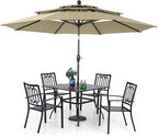 PHI VILLA Patio Dining Set 5 pcs with Umbrella(Beige),1 Square Metal Table& 4 Metal Outdoor Stackable Chairs and 1 10ft 3 Tier Auto-tilt Umbrella (Base Not Included)