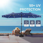 GREEN PARTY 15 ft Rectangle Patio Umbrella with Solar Lights and Base Included, Double-Sided Market Table Umbrella with Crank, Large Outdoor Umbrellas for Patio Poolside Garden Backyard, Haze Blue