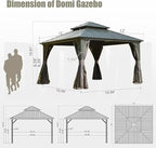 Domi 12’ X 12’ Hardtop Gazebo Canopy with Netting & Curtains, Outdoor Metal Gazebo with Galvanized Steel Double Roof for Patio Lawn and Garden, Gray