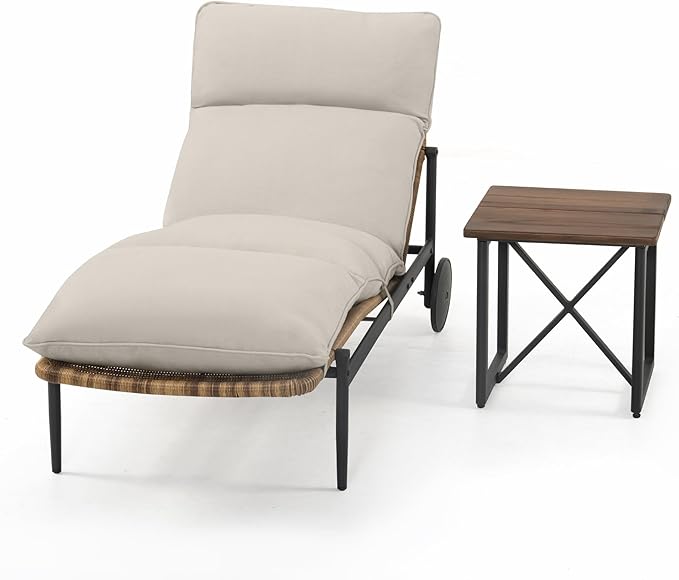 Chaise Lounge Chair Outdoor 2PCS - PE Rattan Wicker Patio Pool Lounge Chair with Cushion and Wheels, Aluminum Waterproof Lounger with Wood Side Table for Poolside Backyard Deck Porch