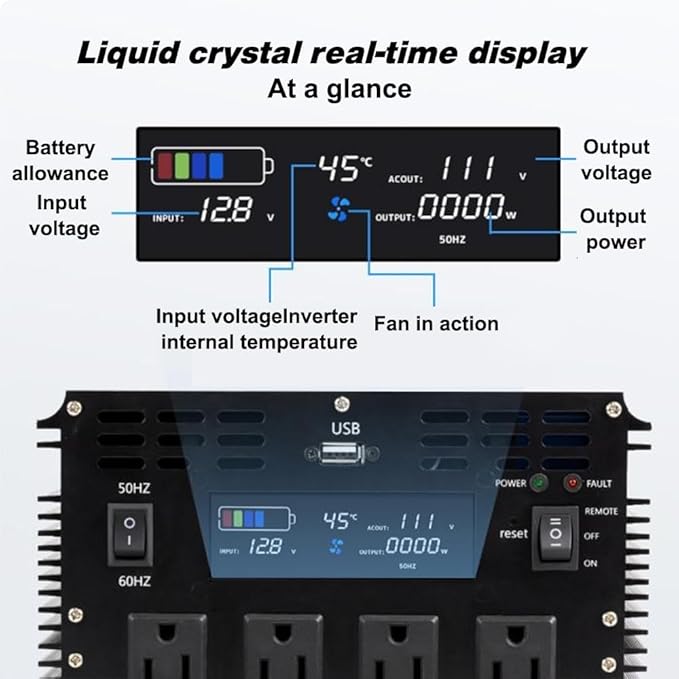 5000 Watt Pure Sine Wave Power Inverter with LCD 12V DC to 110V/120V AC Peak Power 10000W Car Power Inverter with 4 AC Outlets & 1 USB Port & Remote Control for Truck RV Car Solar System