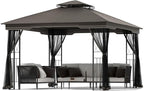 11x13 Outdoor Patio Gazebo with Mosquito Netting and Corner Frame Screen Wall, Double Roofs Metal Frame Party Canopy Tent Shelter for Backyard Garden Deck - Brown