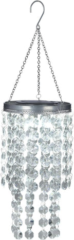 Hanging Solar Crystal Chandelier Outdoor, 21” Modern Solar Transparent Acrylic Beaded Lantern with Cool White LED S Hooks for Garden Yard Patio Gazebo Outside Decor