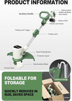 Cordless String Trimmer, Foldable Design with Adjustable Handle Trimmer Lawn, Weed Wacker with 2 x Batteries, Safe Reliable Edger Lawn Tool, Electric Weed Eater, White Green