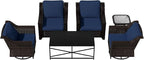Vista Vibe 6 Pieces Outdoor Rattan Patio Conversation Furniture Set - 360 Degree Swivel Glider Rocker Chairs | Coffee Table | 2 Wicker Chairs, Washable Cushions, Terrace, Sunroom (Brown/Navy)
