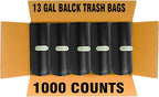 13 Gallon Trash Bags, 1000 Count Bulk Value Pack, Black Tall Kitchen Garbage bags, Multi-purpose Trash Can Bin Liners for Bathroom, Office, Industrial, Commercial, Janitorial, Municipal, Recycling