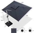 PURPLE LEAF 9 X 12 FT Cantilever Patio Umbrellas with Base Included, Large Square Offset Umbrella with 360° Rotation, Outdoor Aluminum Pool Umbrella for Pool Lawn Garden, Grey