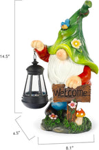 Garden Gnome Statue, Resin Figurine with Bright Solar Lantern Lights and Welcome Sign, Outdoor Solar Illumination Decorations for Indoor Patio Lawn Garden Room,Birthday Housewarming Gift