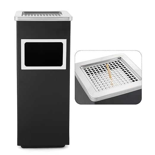 Trash Can Outdoor Waste Container Square Stainless Steel Trash Can with Removable Inner Bucket for Disposal Commercial Waste Container 9.45‘’ x 9.45‘’ x 24.02‘’-Black