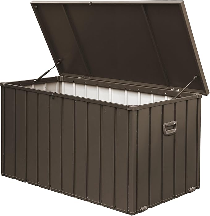200 Gallon Outdoor Storage Deck Box with Lockable and Mobile Roller, Large Steel Container Bin with Waterproof and UV Resistant for Garden, Patio, Dark Brown