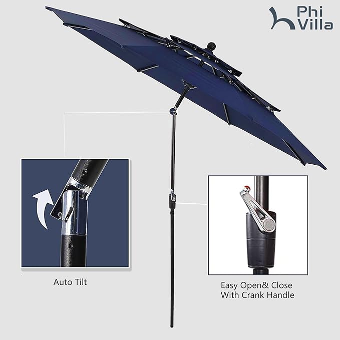 PHI VILLA 5 Pieces Patio Dining Set with 10ft Patio Umbrella, Metal Patio Circle Table Outdoor Stackable Wrought Iron Chair Set of 4 & 42" Large Round Dining Table,3 Tier Vented Dark Blue Umbrella