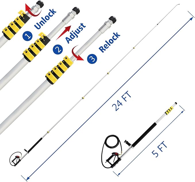RAYNEL 24FT Telescoping Pressure Washer Extension Wand with Brush Head, 2 Power Washer Extension Wands, Gutter Cleaner Attachment, 7 Spray Nozzle Tips, Support Belt and 2 Hose Adapters