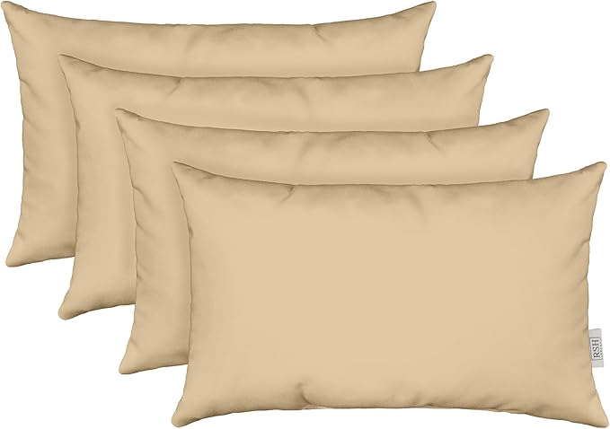 RSH DECOR: Lumbar Throw Pillows Set of 4 | 20” x 12" | All-Weather Spun Fabric | Water and Fade-Resistant | Outdoor Support Pillows for Patio Furniture | Tan