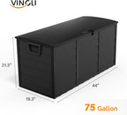 VINGLI 75 Gallon Outdoor Storage Box, Lockable Plastic Storage Containers with Lid, Patio Deck Box Furniture for Garden, Pool, Balcony, Yard (Full Black)