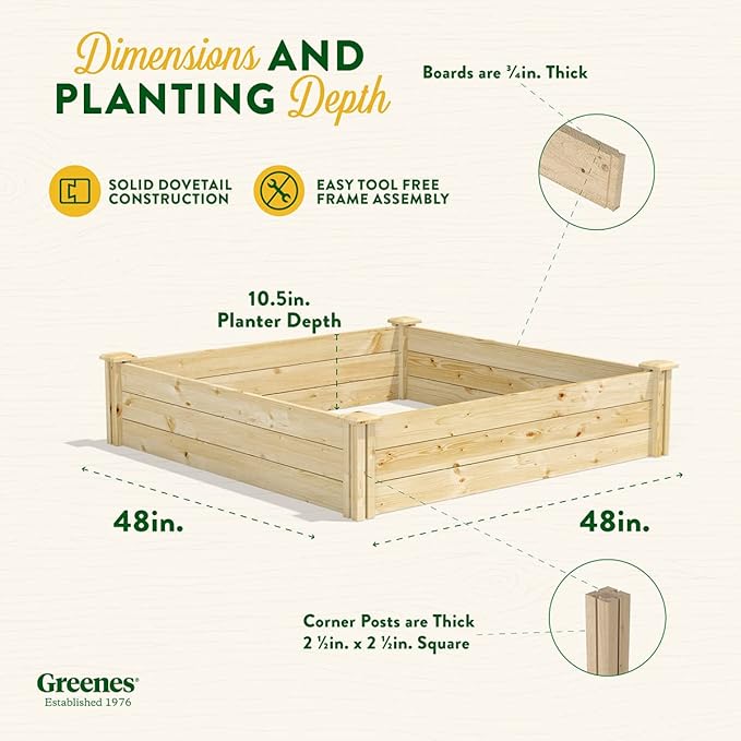 Greenes Fence Original Pine Raised Garden Bed, 4' x 4' x 10.5" - Made in USA with American Pine