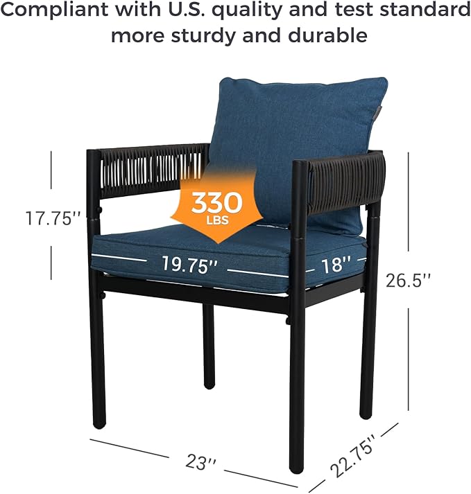 Grand patio Outdoor Dining Chairs Set of 4, 4 Pieces Patio Dining Chairs, Metal Woven Wicker Fixed Patio Chairs with Peacock Blue Cushions for Backyard, Deck, Garden, Porch, Lawn and Poolside (Brown)