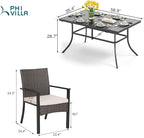 PHI VILLA 7 Piece Patio Dining Set for 6, 60” Rectangular Wrought Iron Dining Table with Umbrella Hole & Rattan Wicker Chairs with Beige Cushions for Outdoor Deck, Yard, Porch