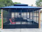 PURPLE LEAF 12' X 14' Sunroom Patio Hardtop Gazebo Double Top Galvanized Steel Screen House Aluminum Sun Room Outdoor Solarium for Garden Backyard and 24 Solar String Light