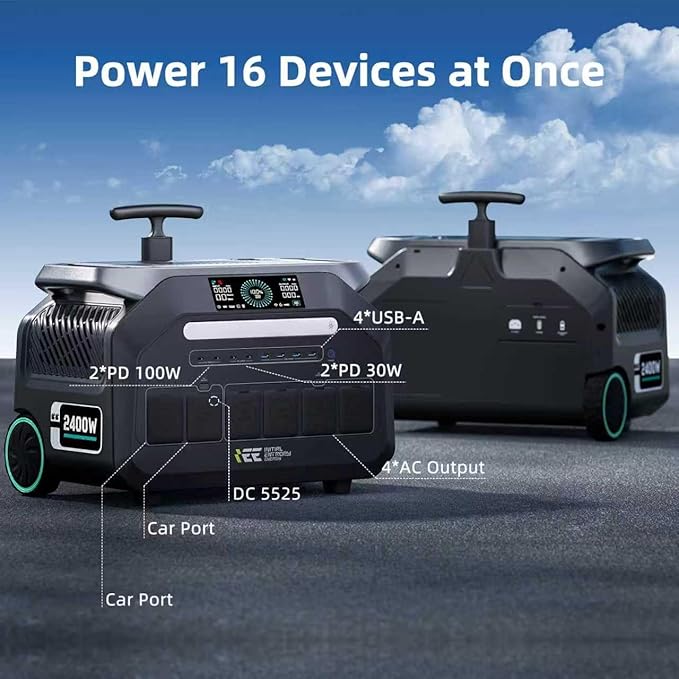IEE P2400 Portable Power Station with 1x200W Solar Panel,2400W AC Outlet(Peak 5000W),1800W 1.2H Fast Charge,2048WH Lifepo4 Battery,5-8MS EPS Switch,Below 30DB Solar Power Generator for Home Backup,RV.
