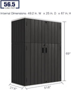 KINYING Outdoor Storage Shed,57 Cu.ft Vertical Outdoor Storage Cabinet Waterproof, Outdoor Resin Tool Shed for Patio Furniture, Garden Tools, Pool Accessories, Lawn Mower(Black Color)