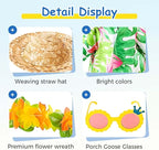 Hawaiian Porch Goose Outfits,2025 New Yard Goose Clothes Hawaiian Wreath with Straw Hat Glasses,4 Pcs/Set Summer Lawn Goose Costume,for 23" Statue Patio Garden Decoration