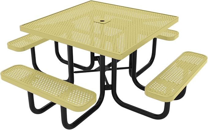 COATEDOUTDOORFURNITURE Heavy-Duty Portable Outdoor Picnic Table with Umbrella Hole, Punched Steel Commercial-Grade Patio Dining Furniture Made in America (46" Square Top, Textured Sandstone)