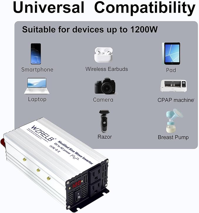 WZRELB 1200W Power Inverter 12V DC to 110V 120V AC,2400W Peak Modified Sine Wave Car Inverter with LED Display,Dual AC Outlets,Soft Starter,Off-Grid Power Converter with High Efficiency up to 90%