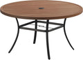 VICLLAX Outdoor Patio Round Dining Table, 53"x 53" Metal Slatted Round Tabletop with Adjustable Umbrella Hole for Deck Lawn Garden Backyard, Walnut