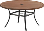 VICLLAX Outdoor Patio Round Dining Table, 53"x 53" Metal Slatted Round Tabletop with Adjustable Umbrella Hole for Deck Lawn Garden Backyard, Walnut