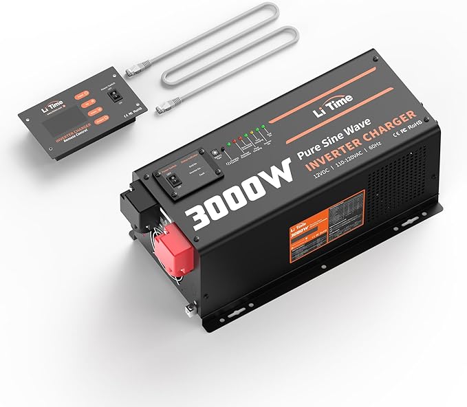 LiTime 3000W Inverter Charger, Pure Sine Wave Inverter 12V DC to 120V AC, 9000W Peak Power, UPS Function, 5A - 45A Adjustable Current, LCD Remote Control for RV, Home Backup, Truck, Boat