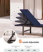 Chaise Lounge Chair Outdoor, Aluminum PatioChairs with 5 Adjustable Backrest and HeadrestPillows for Outside Beach，NavyBlue